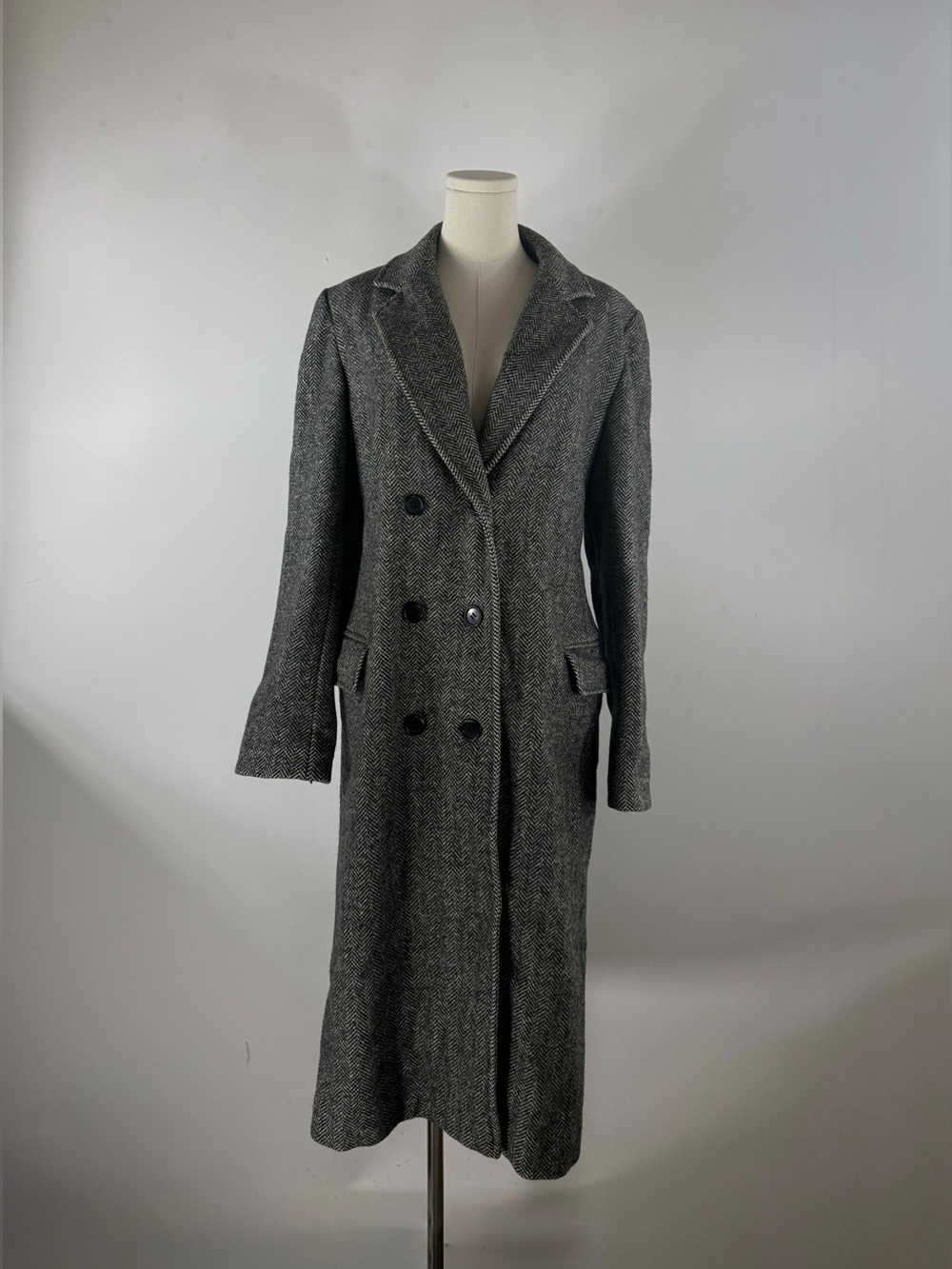 Vintage Evan-Picone Herringbone Wool Coat | Women's Double-Breasted Long Coat